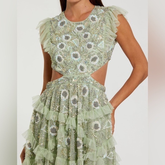 Mac Duggal 35101 NWT Embellished Jewel Neck Tulle Ruffle Mini Dress in Sage - Picture 4 of 9